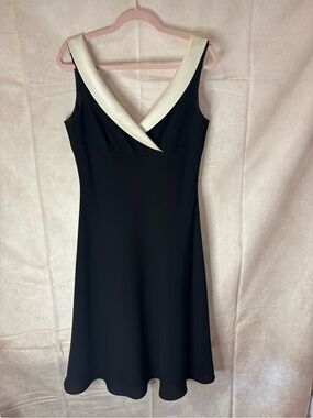 Ann Taylor Black Midi Dress with Cream V-Neck Trim